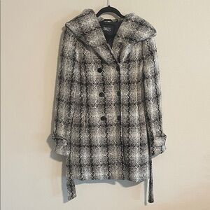 BKE Women Black and White Hooded Checkered Tweed Belted Pea Coat LRG Y2K Preppy